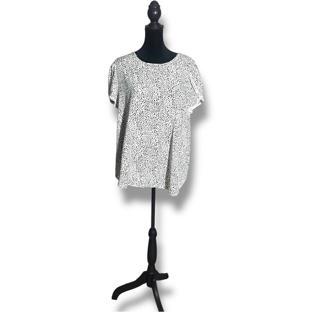 Fashion Women Large Black & White Speckle Print Short Sleeve White Trim Blouse - Picture 2 of 16